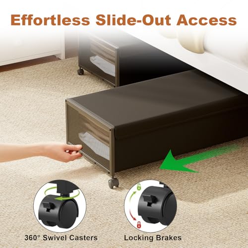2Pack Under Bed Storage Containers, 10 inch Height,31 inch Long | Under Bed Shoe Storage,Underbed Storage with Wheels,Large Rolling under bed Clothes Storage Drawers,Lid,Dorm Tall,Black
