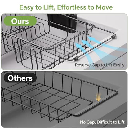 Simple Trending Expandable Dish Drying Rack in Sink, Black | Adjustable Dish Rack with Utensil & Cup Holder for Kitchen Counter, Dish Drainer Inside Sink, Over the Sink, Non-Slip Feet