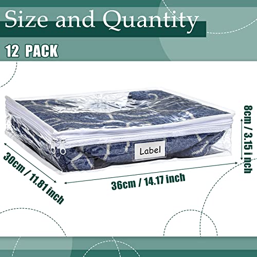 12 Pcs Clear Zippered Storage Bags Pvc Sweater Sheet Organizer Plastic Sheet Storage Sweater Bags With Zipper And Label Pocket Container For Clothes Closet Linen Pillow (14 x 12 x 3 Inch)