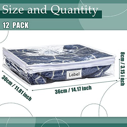 12 Pcs Clear Zippered Storage Bags Pvc Sweater Sheet Organizer Plastic Sheet Storage Sweater Bags With Zipper And Label Pocket Container For Clothes Closet Linen Pillow (14 x 12 x 3 Inch)