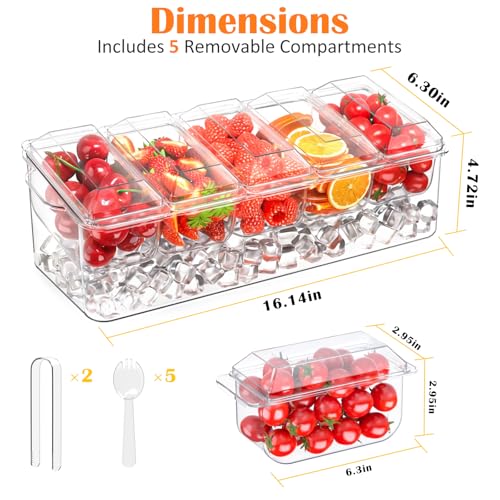 Condiment Tray, Chilled Condiment Server, Bar Accessories on Ice | Condiment Caddy for Home, Party and Celebration, Bar Accessories with Removable Trays and Lids (5 Spoons & 2 Tongs)