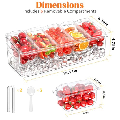 Condiment Tray, Chilled Condiment Server, Bar Accessories on Ice | Condiment Caddy for Home, Party and Celebration, Bar Accessories with Removable Trays and Lids (5 Spoons & 2 Tongs)