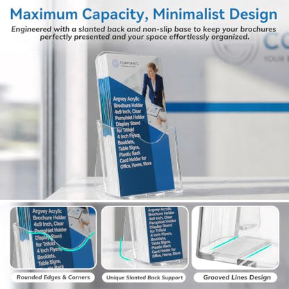 Argvey Acrylic Brochure Holder 4x9 Inch, Clear Pamphlet Holder Display Stand for Trifold 4 Inch Flyers, Booklets, Table Signs, Plastic Rack Card Holder for Office, Home, Store, 6 Pack