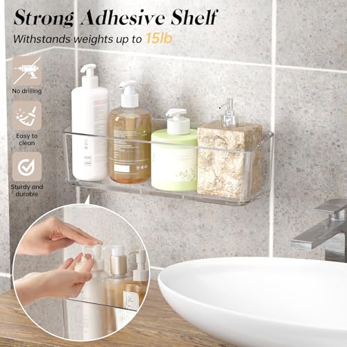 2 Pcs Clear Shower Shelf, Large Bathroom Wall Mounted Shower Caddy | No Drill Self Adhesive Bathroom Organizer with Self Adhesive Tape