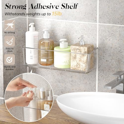 2 Pcs Clear Shower Shelf, Large Bathroom Wall Mounted Shower Caddy | No Drill Self Adhesive Bathroom Organizer with Self Adhesive Tape