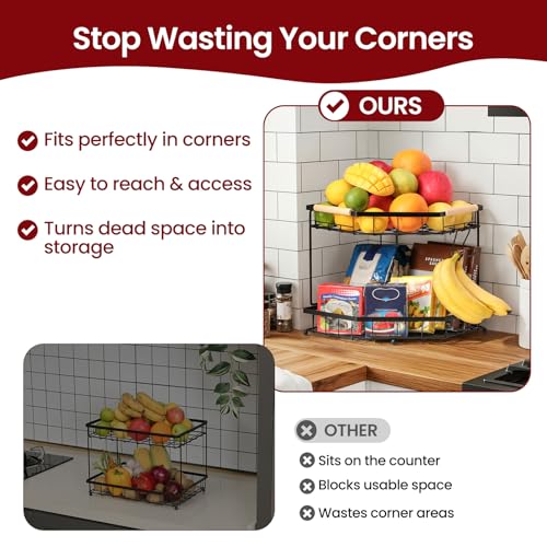 2 Tier Corner Fruit Basket for Kitchen Counter with Banana Hangers, Detachable Fruit Bowl with Wooden Handle, Metal Corner Rack for Fruit and Vegetable Storage, Kitchen Countertop Organizer