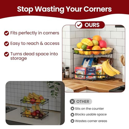 2 Tier Corner Fruit Basket for Kitchen Counter with Banana Hangers, Detachable Fruit Bowl with Wooden Handle, Metal Corner Rack for Fruit and Vegetable Storage, Kitchen Countertop Organizer