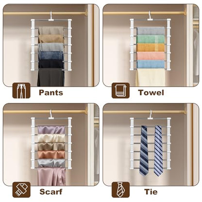 CTIME 2 Pack Stainless Steel Pants Hangers, Space Saving Closet Organizer | Non-Slip Grip, 360° Swivel Hook, 6 Tiers for Jeans, Scarves, Ties & Towels. Space Saver for Apartment or College Dorm