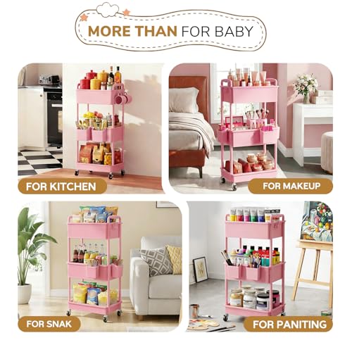 Diaper Cart with Lockable Wheels and Easy Assembly, 3 Tier Pink | Rolling Cart for Baby Nursery Storage, Sturdy Ample Diaper Caddy Organizer for Baby Girl, Boy, New Mom, Newborn Essentials