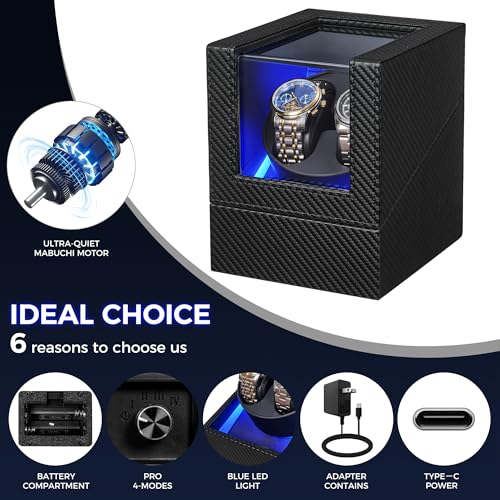 BEWISHOME Watch Winder for Automatic Watches,Double Watch Widner with Light | 4 Modes, Automatic Watch Winder Box Watch Spinner with Japanese Quiet Motor Type-C Adapter or Battery Powered, SYQ02C