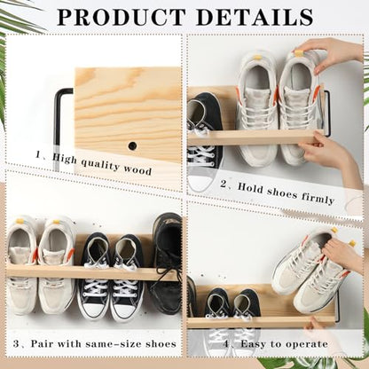 2 Pcs Wall Mounted Shoe Rack Organizer Wooden Modern Compact Wall Space Saving Shoe Holder Storage for Sneaker Footwear Slipper Boots Entryway Narrow Spaces Hallway(28.35'' Long)
