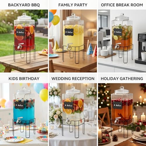 2 Gallon Glass Drink Dispenser, Drink Dispensers for Parties, Beverage Dispenser with Stand and Glass Lid, 100% Leakproof Spigot, Ideal for Lemonade, Juice, Laundry Detergent Dispenser