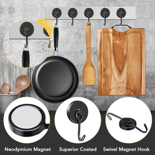 Black Magnetic Hooks Heavy Duty 120LB+ Swivel Strong Magnet Hook | Neodymium Hook Magnets for Hanging Home Workplace Metal Door Office and Garage