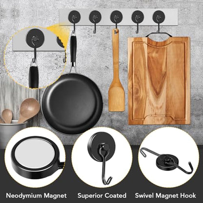 Black Magnetic Hooks Heavy Duty 120LB+ Swivel Strong Magnet Hook | Neodymium Hook Magnets for Hanging Home Workplace Metal Door Office and Garage