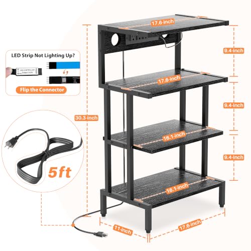 Game Console Shelf, 4-Tier Video Gaming Consoles Stand with Outlet & RGB Light, Small Media Entertainment Center for Audio Stereo Storage Organizer Playroom Furniture, Stereo Stands and Racks