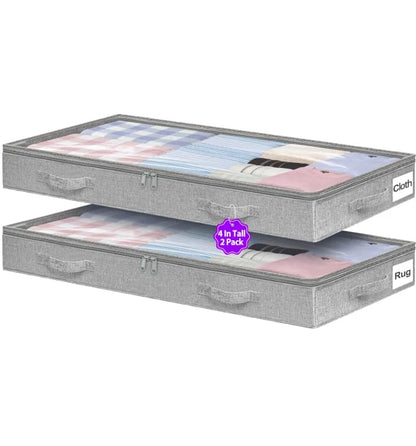 4-in Low Profile Under Bed Storage, No Structure, 2-Pack, Gray | 4" Ultra-Slim, Clear Lid, Reinfoced Handles & Smooth Zips, Dustproof & Waterproof, for Low Bed, Couch, Crib Storage