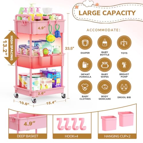 Diaper Cart with Lockable Wheels and Easy Assembly, 3 Tier Pink | Rolling Cart for Baby Nursery Storage, Sturdy Ample Diaper Caddy Organizer for Baby Girl, Boy, New Mom, Newborn Essentials