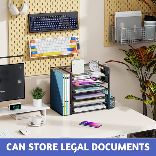 Simple Trending 6 Tier Metal Desk File Organizer with 2 Pen Holders, Black | 18"L x 9"W x 13"H, 6 Trays + Side file holder + 2 pen holders, sturdy metal frame, non-slip base, easy assembly, 24h support.