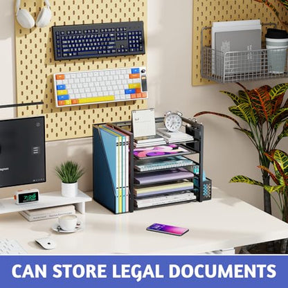Simple Trending 6 Tier Metal Desk File Organizer with 2 Pen Holders, Black | 18"L x 9"W x 13"H, 6 Trays + Side file holder + 2 pen holders, sturdy metal frame, non-slip base, easy assembly, 24h support.