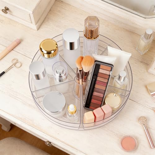 360° Rotating Makeup Organizer 10.5" Clear Turntable Lazy Susan Organizer for Vanity, Bathroom Counter, Cabinet, Spinning Cosmetic Storage Holder with 5 Removable Dividers for Skincare, Makeup Brushes