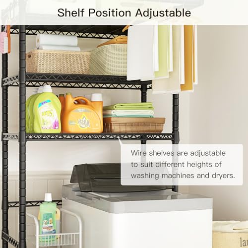 U11 Over Washer and Dryer Shelves, 3 Tiers Laundry Room Storage and Organizer Standing Shelf, Metal Freestanding Clothes Drying Rack, 33.9" W x 19.7" D x 77.6" H, Black