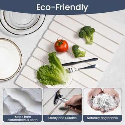 Meowoo Stone Drying Mat for Kitchen Counter, 15.7"x11.8" Foldable Diatomaceous Earth Mat, Super Absorbent, Quick-Dry Bath & Kitchen Pad for Dishes, Cups, Bottles, Non-Slip, Fits Any Countertop - White