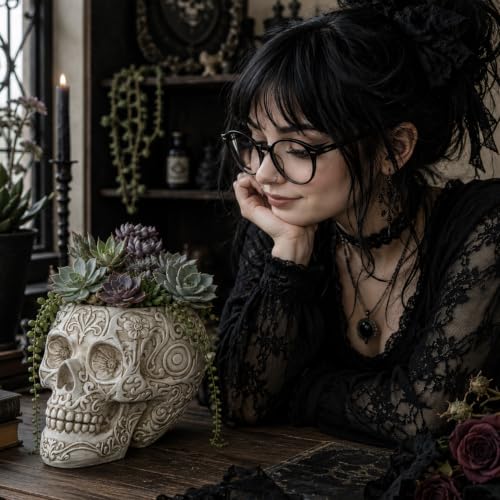 Top Brass Large Sugar Skull Eyeglass Holder & Succulent Planter – Decorative Skull Glasses Stand, Reading Glasses Organizer, Small Flower Pot, Resin Desk Decor, Sunglasses Holder, Home Office Décor