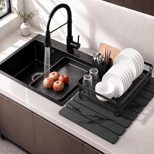 Large Stone Dish Drying Mat for Kitchen Counter, Quick Dry Stone Dishes/Bath Mats,Foldable Water Absorbing Diatomaceous Earth Drying Organizer Pad for Plate Rack Bottles Utensils(Dark Gray 24"×16")