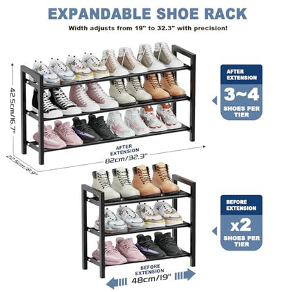 Mavivegue 18-33” Expandable Shoe Rack for Closet, 3-Tier Shoe Organizer, Adjustable Shoe Rack for Front Door Entrance, Entryway