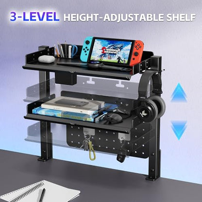 Metal Clamp On Desk Shelf,Storage Shelves with Pegboard and Pencil Holder | 2-Tier Adjustable 16 inch Above or Under Heavy Duty Desktop Organizer with Headphone Holder for Desk Accessories (Black)