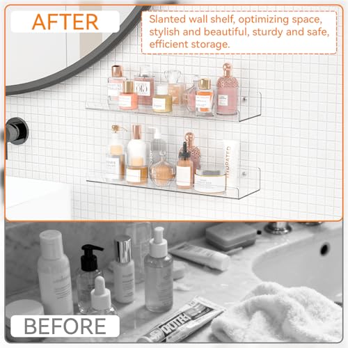 4 Pack 15" Acrylic Shelves for Wall,Bathroom,Bedroom - with Adhesive - No Drilling Clear Floating Shelves for Funko Pop,Lego,Action Figures,Nail Polish,Perfume Shelf and Wall Storage & Display