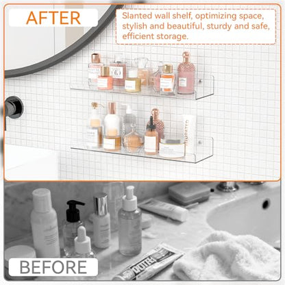 4 Pack 15" Acrylic Shelves for Wall,Bathroom,Bedroom - with Adhesive - No Drilling Clear Floating Shelves for Funko Pop,Lego,Action Figures,Nail Polish,Perfume Shelf and Wall Storage & Display