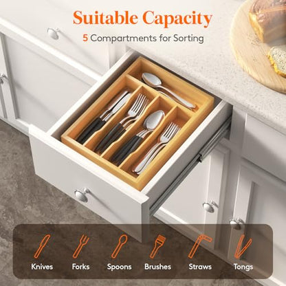 Lifewit Silverware Drawer Organizer, Utensil Tray for Kitchen, Flatware and Cutlery Holder, Storage for Spoons Forks Knives, 8.6 x 12.5", Natural