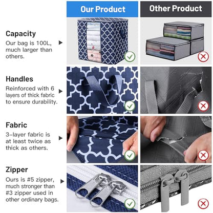 WISELIFE Storage Bags 3 Pack/100L Large Blanket Clothes Organization and Storage Containers for Comforters,Bedding, Foldable Organizer with Reinforced Handle, Clear Window, Sturdy Zippers,Blue