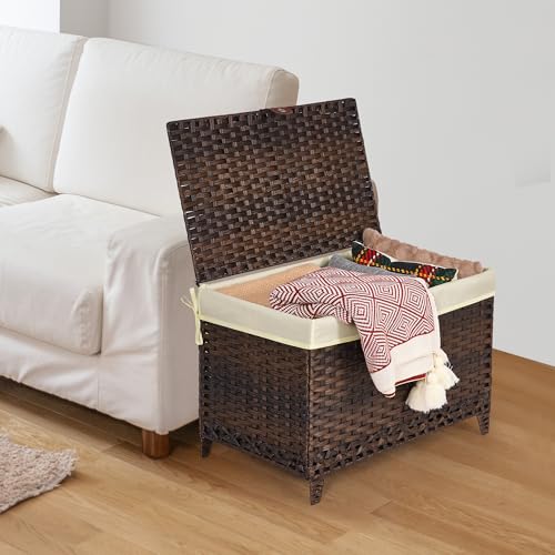 Wicker Storage Basket with Lid, 160L Shelf Basket with Removable Liner Bag | Rattan-Inspired Woven Design, Elevated Feet, Storage Trunk for Wardrobe, Bedroom & Home Organization
