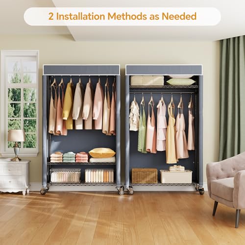 Higeego H4 Heavy Duty Clothes Rack, Black Clothing Rack with Grey Cover | Rolling Clothes Rack with Cover, Garment Rack on Wheels, Portable Closet for Hanging Clothes, Max Load 380LBS