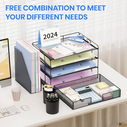 Desk Organizer, 4-Tier Desktop File Organizer with Drawer and Pen Holders, Office Desk Accessories, File Sorters, Workspace Organizers for Office Supplies(Black)
