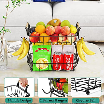 2 Tier Fruit Basket with 2 Banana Hangers, Countertop Fruit Vegetable Basket Bowl for Kitchen Counter Metal Wire Fruits Storage Stand Holder Organizer for Bread Snack Veggies Produce
