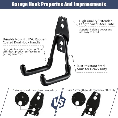 KOFANI Steel Garage Storage Hooks - 16 Pack Anti-Slip Coating, Heavy Duty Wall Mount Hooks for Hanging Bike, Ladder, Garden Tools | Wall Hooks Geavy Duty for Hanging Bike, Ladder, Garden Tools,Broom,Hose，Anti-Slip Coating Garage Wall Organization