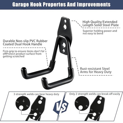 KOFANI Steel Garage Storage Hooks - 16 Pack Anti-Slip Coating, Heavy Duty Wall Mount Hooks for Hanging Bike, Ladder, Garden Tools | Wall Hooks Geavy Duty for Hanging Bike, Ladder, Garden Tools,Broom,Hose，Anti-Slip Coating Garage Wall Organization