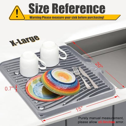 Silicone Dish Drying Mat for Kitchen Counter, Grey-1pcs, 20" x 15" | Heat Resistant & Non-Slip Dish Drain Pad with Built-In Drain, Dishwasher Safe, Quick-Dry, Hangable & Roll-Up for Storage