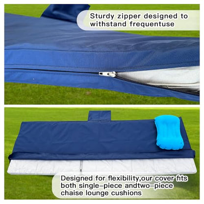 Replacement Covers for Outdoor Chaise Lounge Cushions, 80 x 26 x 3 Inch Patio Lounge Chair Cushion Covers–Waterproof, Fade-Resistant, with 2 Pockets & Inflatable Headrest (Cover Only) Navy blue