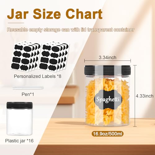 Janisfirst 16oz Clear Plastic Jars With Lids,Plastic Jars With Lids,Airtight Container Ideal For Dry Food, Peanut Butter, Honey Jam,Cream, Bathroom and Storage(set of16)