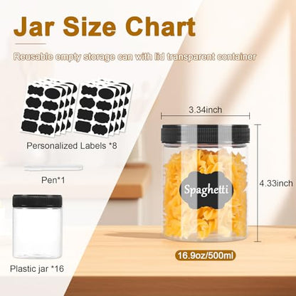 Janisfirst 16oz Clear Plastic Jars With Lids,Plastic Jars With Lids,Airtight Container Ideal For Dry Food, Peanut Butter, Honey Jam,Cream, Bathroom and Storage(set of16)