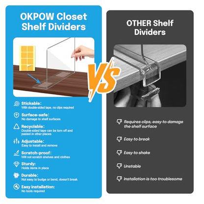 OKPOW Shelf Dividers Closet Organizer - 12" Tall X 11.8" Deep Acrylic Clear Sturdy Separate for Clothes Purse - Adjustable Space Saver Easy Install for Home Organization Enthusiasts 8 Pack