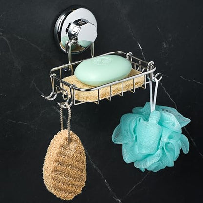 HASKO 2-Pack Suction Cup Soap Holder – Bar Soap Dish for Shower with Hooks for Bathroom – Optional Mounting with Adhesive Tape or Glue – Includes 2 Soap Savers – Stainless Steel SS304 - Silver