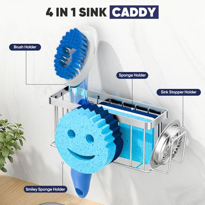 Sponge Holder for Kitchen Sink,Sink Caddy Smiley Face,4-in-1 Sponge Holder with Suction Cups & 1 PCS Adhesive Strips for Holding Soap,Brush,Scrubber,Sponge,Stopper-Silver