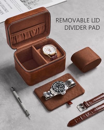 ProCase 2-Slot Watch Travel Case for Men, Portable Watch Holder -Brown | PU Leather, Compact Small Travel Carrying Box, Storage Case for Luxury Watches & Smartwatches with Jewelry Compartment