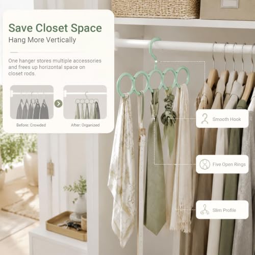 Coshar 5 Pack Scarf Hanger Holder (2 White+ 3 Green) | Scarf Storage Organizer for Ties Belts Socks, Ring Hole Slots for Space Saving, Multiple Purpose Tie Belt Rack Organizer