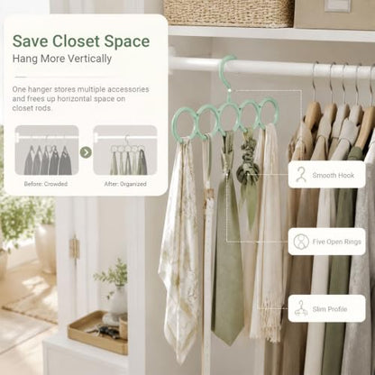 Coshar 5 Pack Scarf Hanger Holder (2 White+ 3 Green) | Scarf Storage Organizer for Ties Belts Socks, Ring Hole Slots for Space Saving, Multiple Purpose Tie Belt Rack Organizer